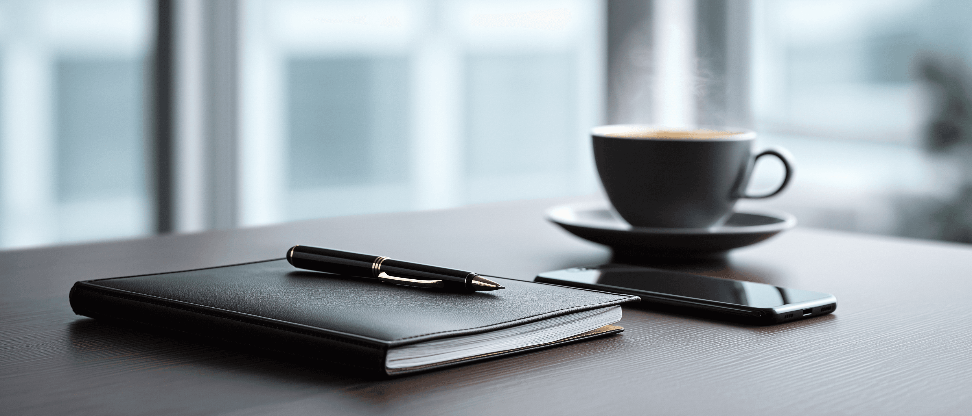 A book and a pen on a table, next to a cup of cofee and a phone